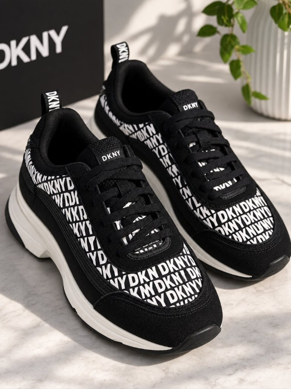 DKNY Black Logo Print Platform Sneakers Size 8